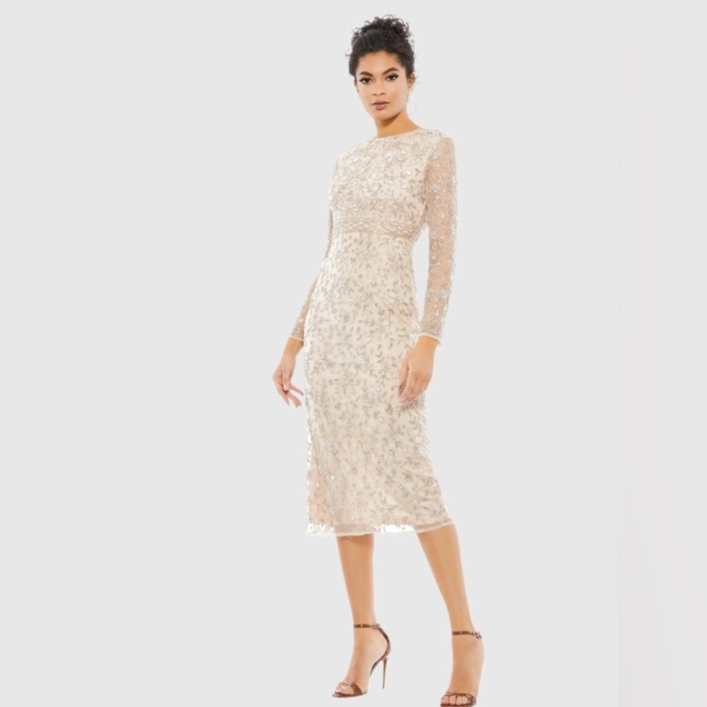 MAC DUGGAL 10812 Beige Porcelain Beaded Tea Length Dress Porcelain Size 14 NWT